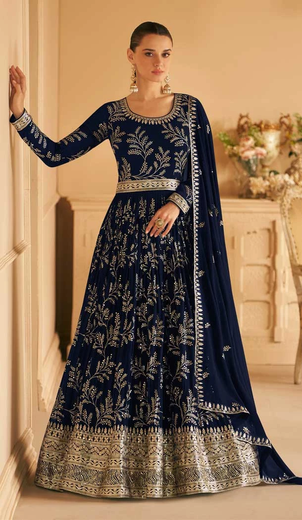 Party Wear Faux Georgette Embroidery Work Anarkali Salwar Suit In Blue - 7357175743