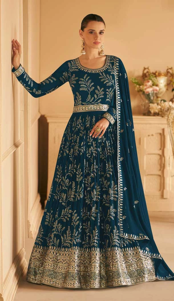 Party Wear Faux Georgette Embroidery Work Anarkali Salwar Suit In Aqua Blue - 7357175744