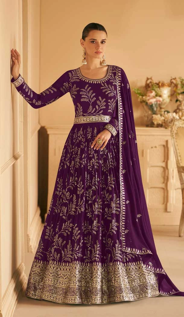Party Wear Faux Georgette Embroidery Work Anarkali Salwar Suit In Purple - 7357175745