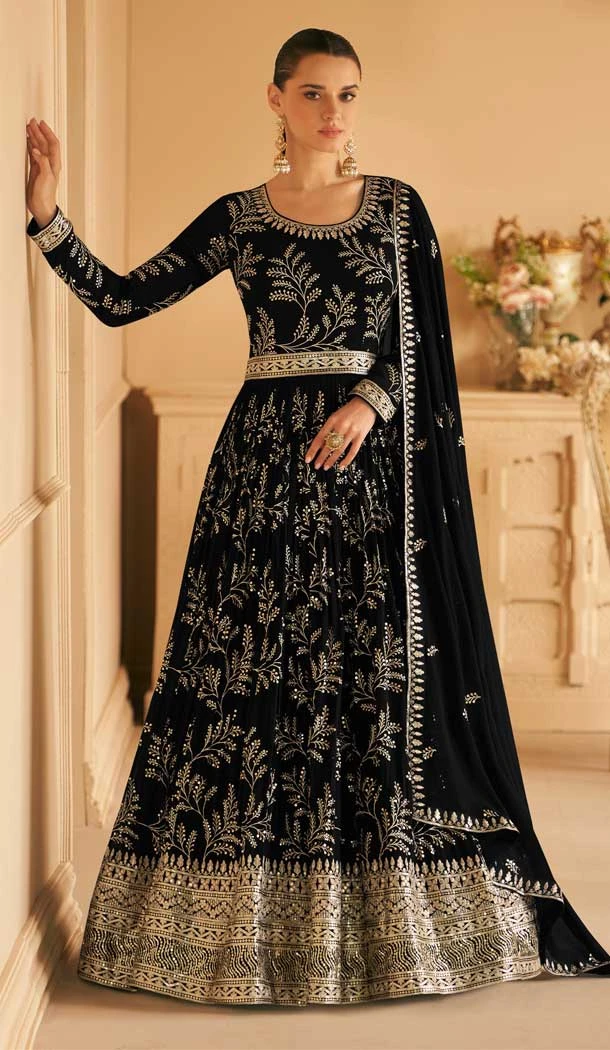 Party Wear Faux Georgette Embroidery Work Anarkali Salwar Suit In Black - 7357175746