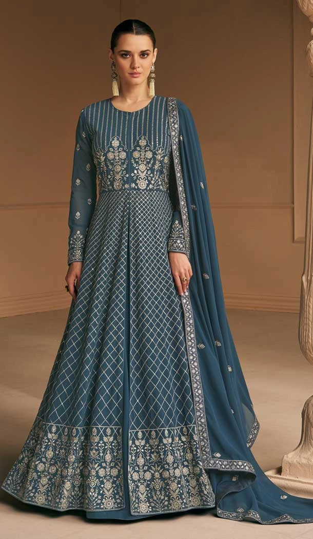 Plus Size Women Faux Georgette Embroidery Work Anarkali Salwar Suit In Aqua Blue - 7367175847