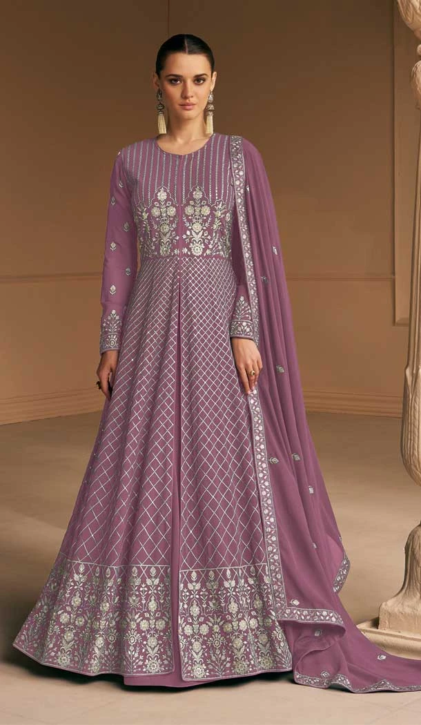Plus Size Women Faux Georgette Embroidery Work Anarkali Salwar Suit In Mauve - 7367175848