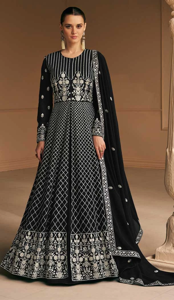 Plus Size Women Faux Georgette Embroidery Work Anarkali Salwar Suit In Black - 7367175849