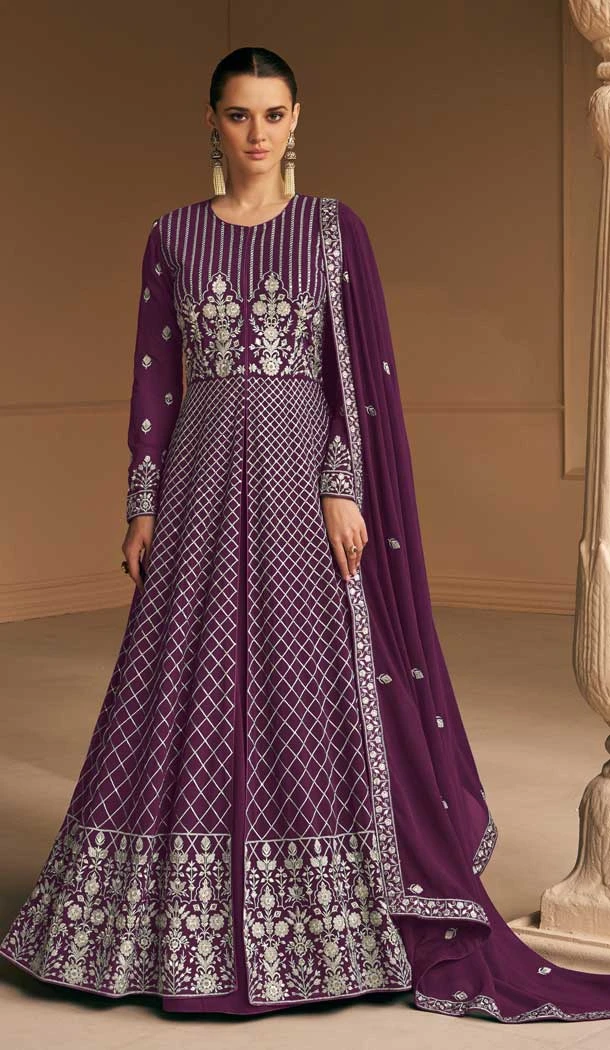 Plus Size Women Faux Georgette Embroidery Work Anarkali Salwar Suit In Purple - 7367175850