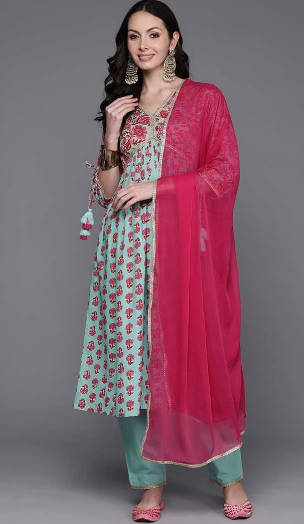 Sky Blue Color Cotton Blend Printed Work Party Wear Readymade Salwar Suit - 7362175770