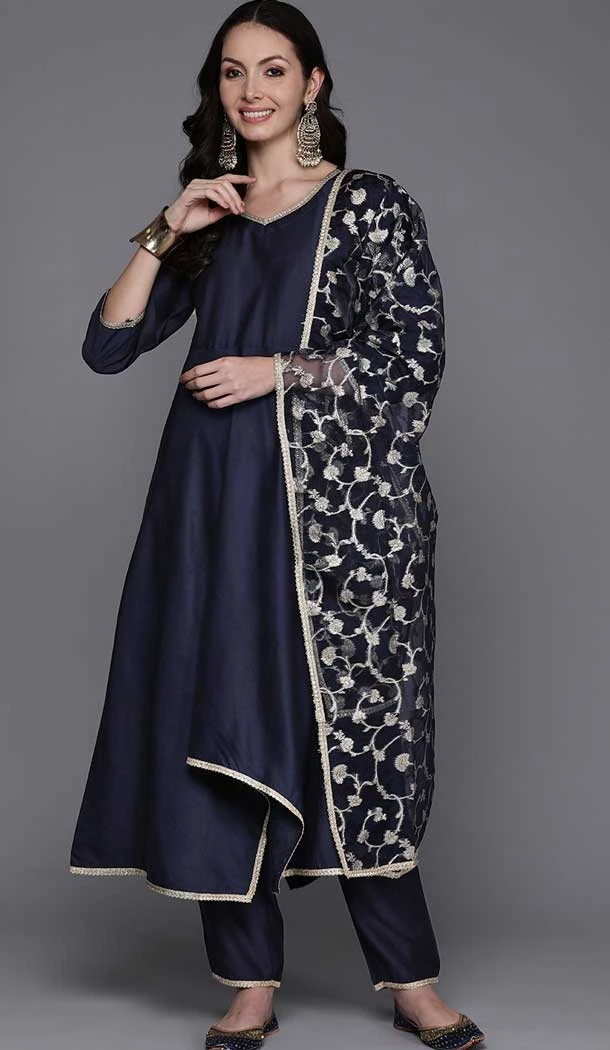 Navy Blue Color Cotton Blend Plain Party Wear Readymade Salwar Suit - 7362175771