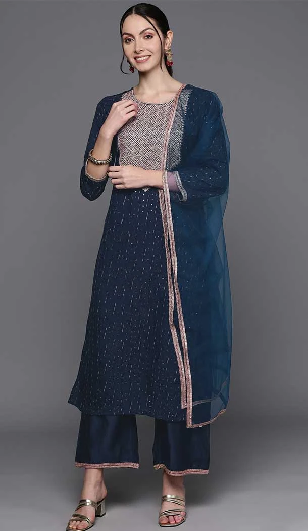 Blue Color Liva Embroidery Work Party Wear Readymade Salwar Suit - 7362175772