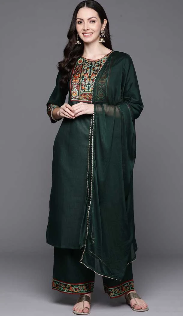 Green Color Cotton Blend Woven Work Party Wear Readymade Salwar Suit - 7362175773