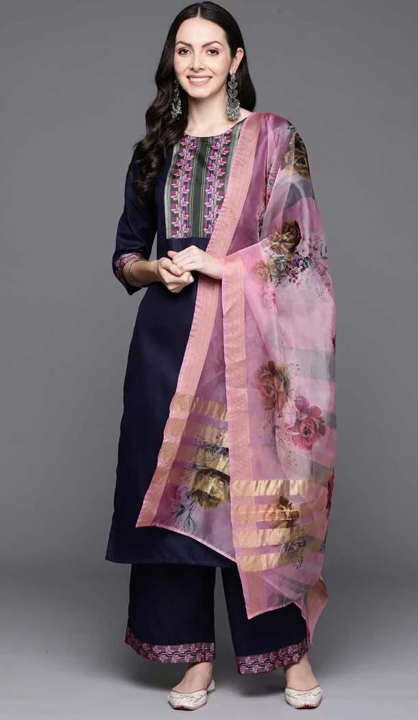Navy Blue Color Cotton Blend Printed Work Party Wear Readymade Salwar Suit - 7362175775