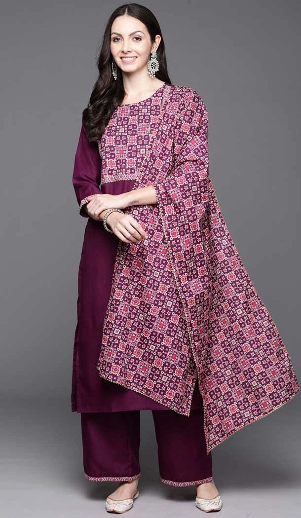 Burgundy Color Cotton Blend Printed Work Party Wear Readymade Salwar Suit - 7362175776