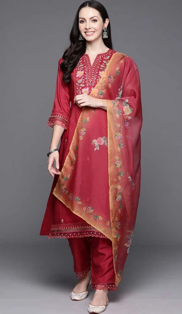 Red Color Silk Blend Floral Print Work Party Wear Readymade Salwar Suit - 7362175777