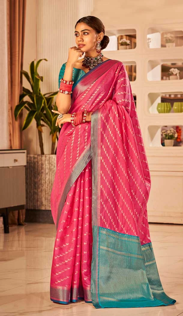 Pink Color Banarasi Silk Weaving Work Designer Function Wear Saree - 7652177419
