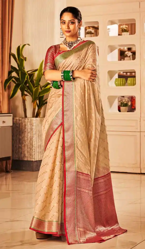 Beige Color Banarasi Silk Weaving Work Designer Function Wear Saree - 7652177420
