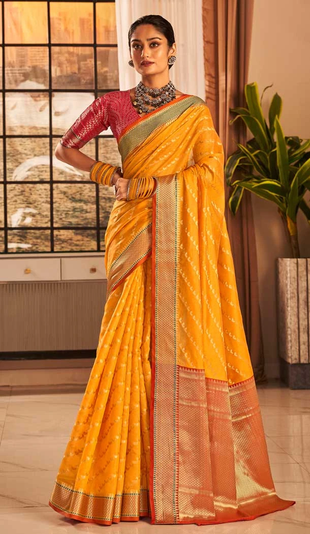 Yellow Color Banarasi Silk Weaving Work Designer Function Wear Saree - 7652177423