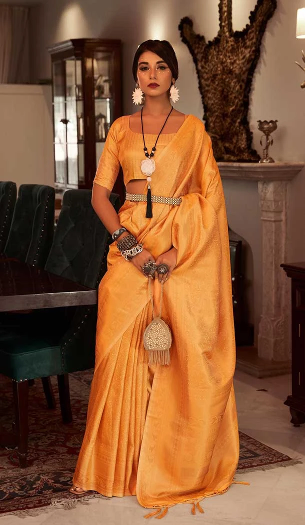 Party Wear Kanchivaram Silk Jacquard Work Designer Saree In Mustard - 7653177424