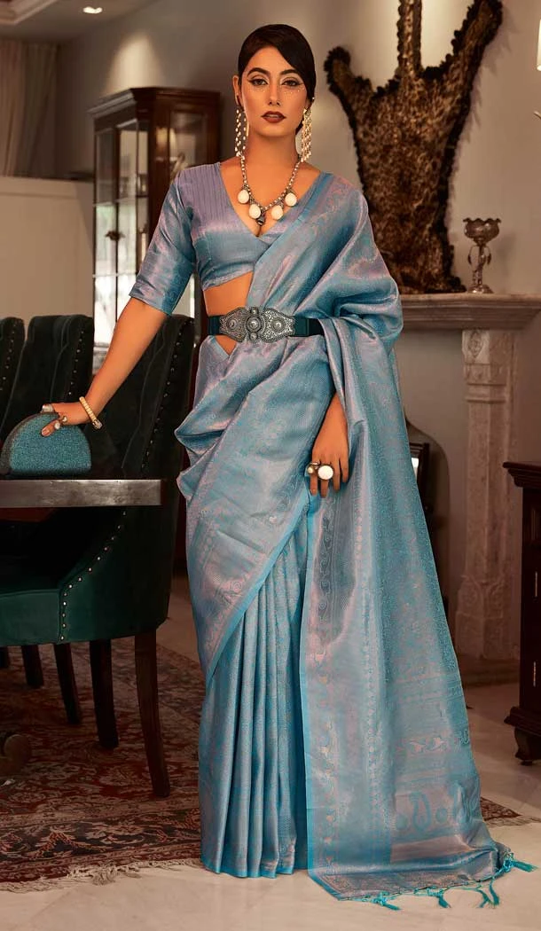 Party Wear Kanchivaram Silk Jacquard Work Designer Saree In Blue - 7653177425