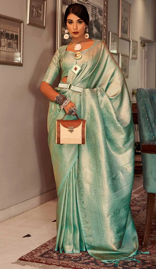 Party Wear Kanchivaram Silk Jacquard Work Designer Saree In Mint - 7653177426