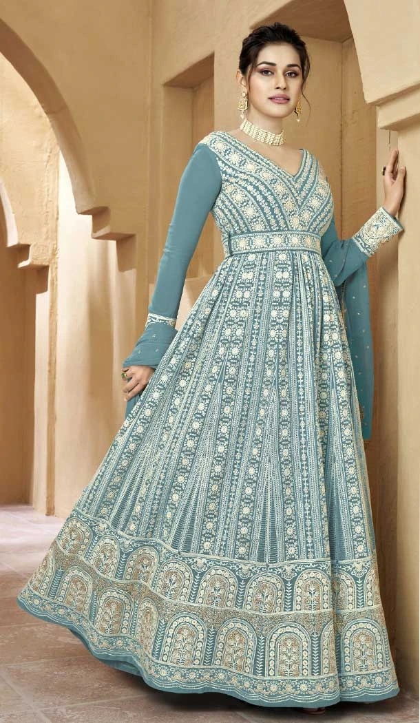 Embroidery Work Faux Georgette Wedding Wear Anarkali Salwar Suit In Sky Color - 7666177494
