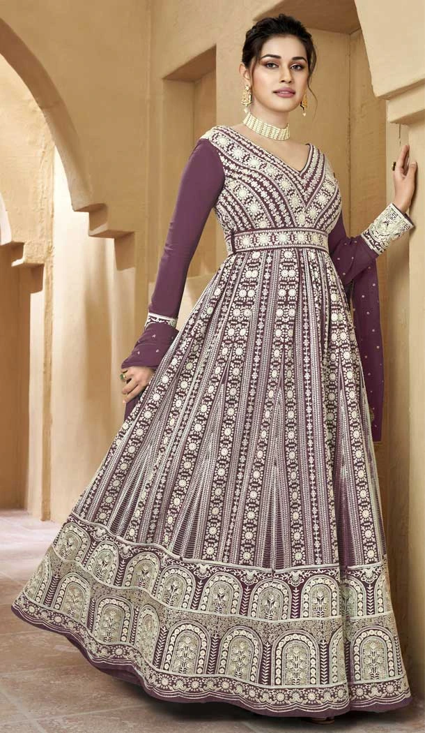 Embroidery Work Faux Georgette Wedding Wear Anarkali Salwar Suit In Purple - 7666177495