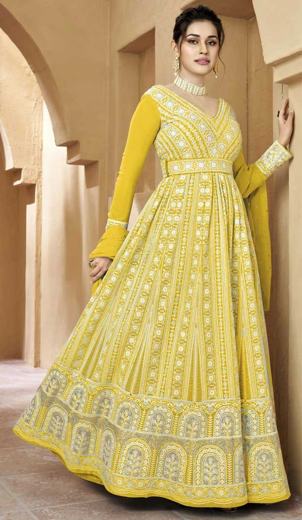 Embroidery Work Faux Georgette Wedding Wear Anarkali Salwar Suit In Yellow - 7666177496
