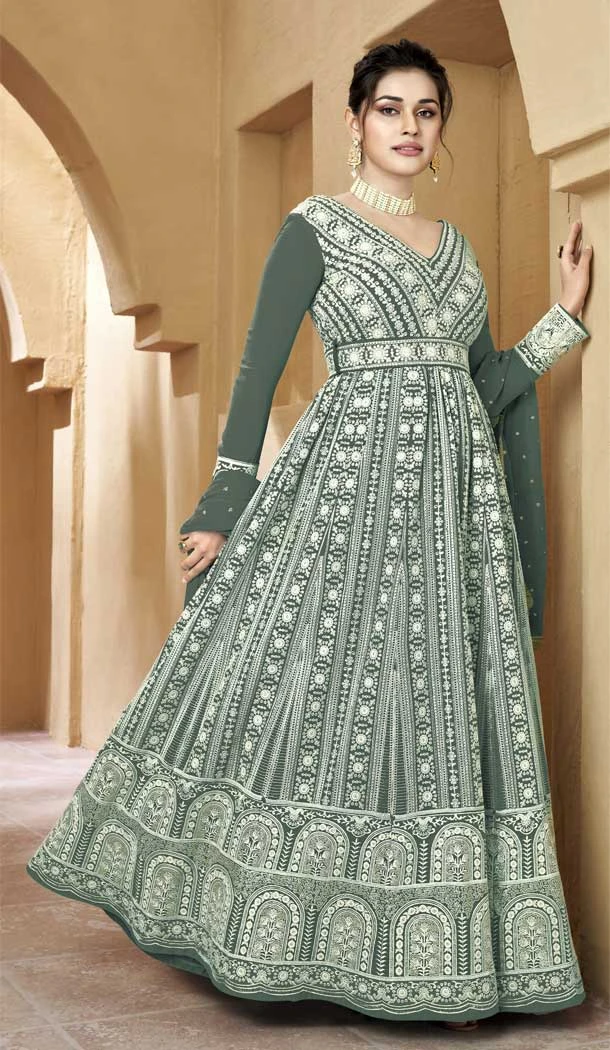 Embroidery Work Faux Georgette Wedding Wear Anarkali Salwar Suit In Green - 7666177497