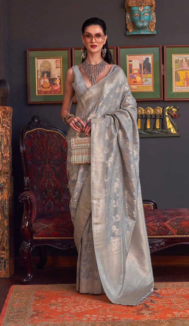 Grey Function Wear Designer Silk Saree With Weaving Work - 7667177499