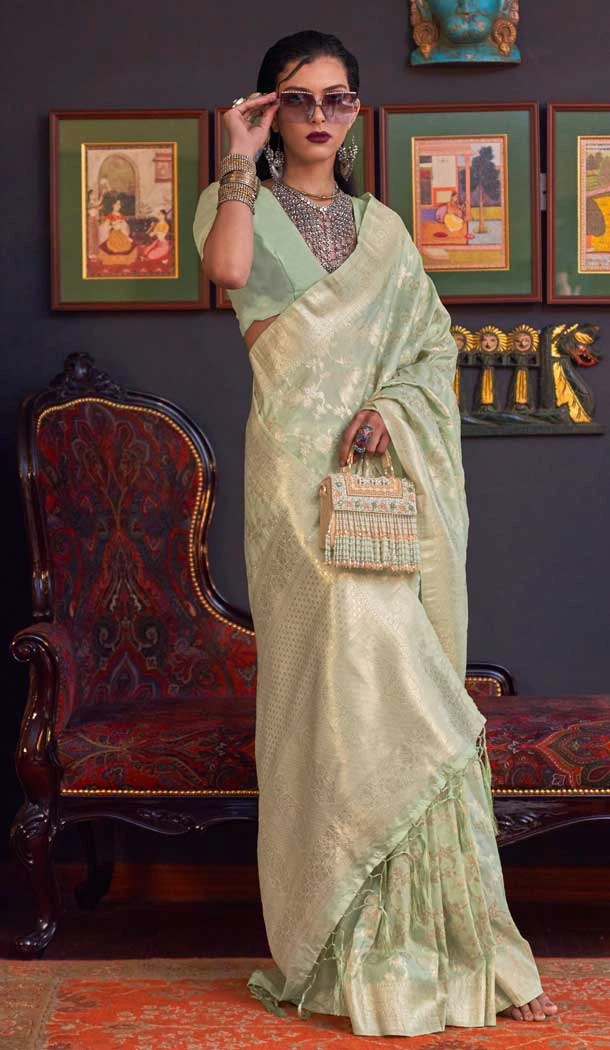 Pista Color Function Wear Designer Silk Saree With Weaving Work - 7667177500