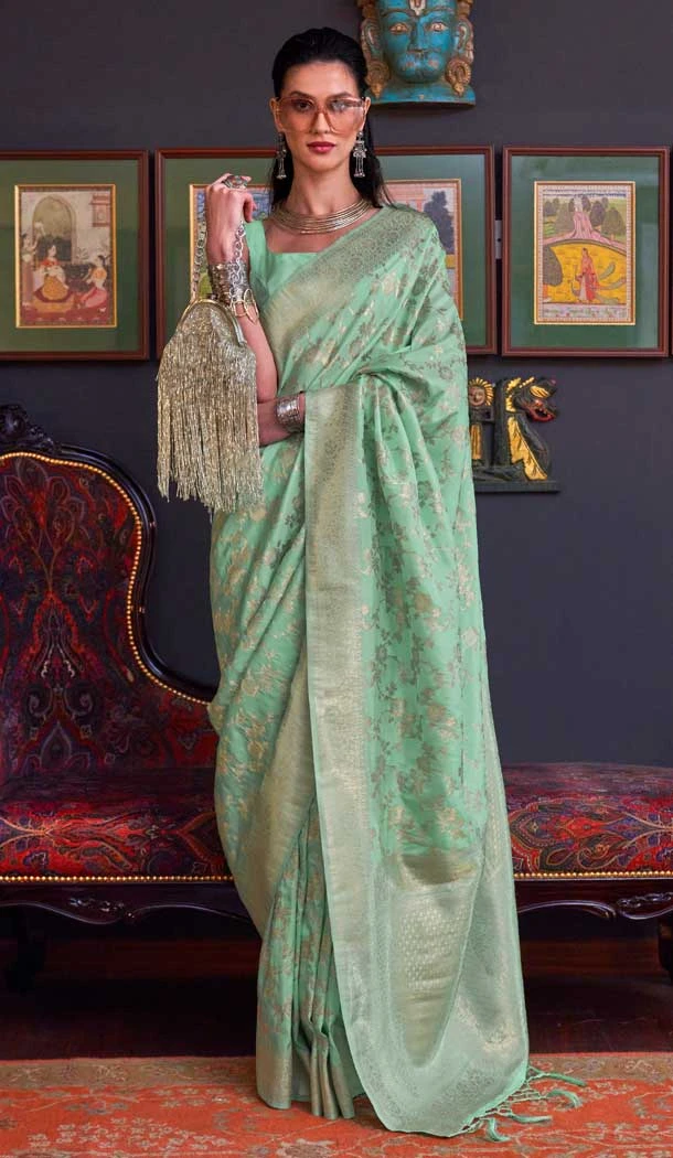 Mint Color Function Wear Designer Silk Saree With Weaving Work - 7667177503