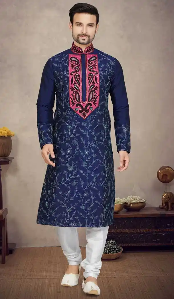 Function Wear Art Silk Resham Work Designer Plus Size Men's Kurta Pajama In Navy Blue - 7675177588