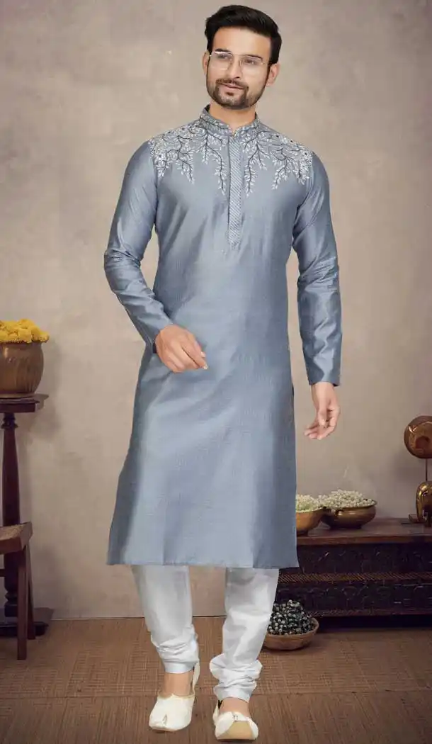 Function Wear Jacquard Resham Work Designer Plus Size Men's Kurta Pajama In Grey - 7675177590