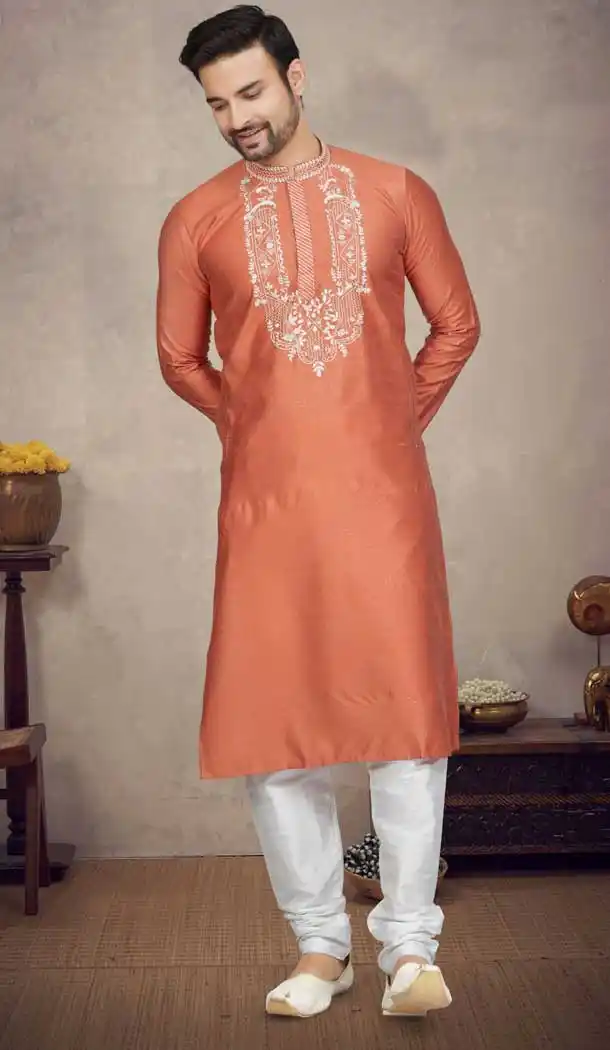 Function Wear Jacquard Resham Work Designer Plus Size Men's Kurta Pajama In Rust - 7675177591