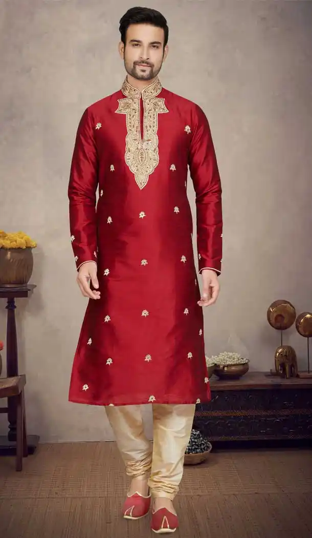 Function Wear Art Silk Resham And Stone Work Designer Plus Size Men's Kurta Pajama In Maroon - 7675177592