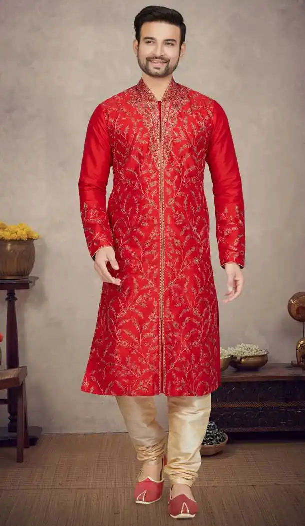 Maroon Color Art Silk With Resham And Stone Work Designer Function Wear Plus Size Men's Kurta Pajama - 7675177593