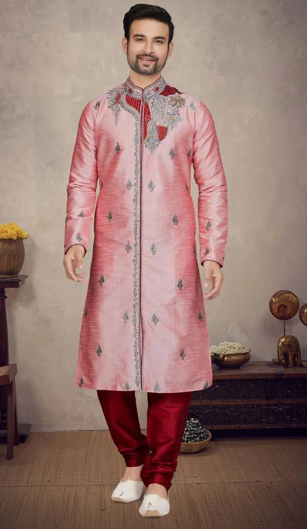Pink Color Art Silk With Resham Work Designer Function Wear Plus Size Men's Kurta Pajama - 7675177595