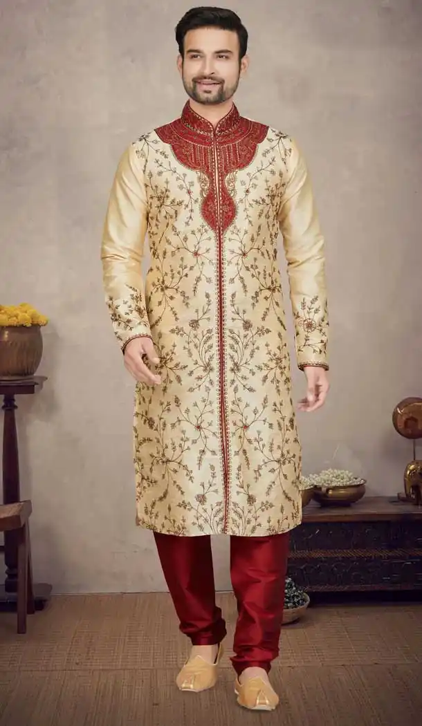 Gold Color Resham And Stone Work Art Silk Designer Function Wear Plus Size Men's Kurta Pajama - 7675177605