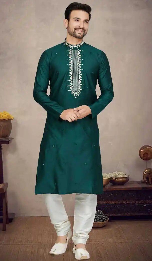 Green Color Resham And Mirror Work Jacquard Designer Function Wear Plus Size Men's Kurta Pajama - 7675177607