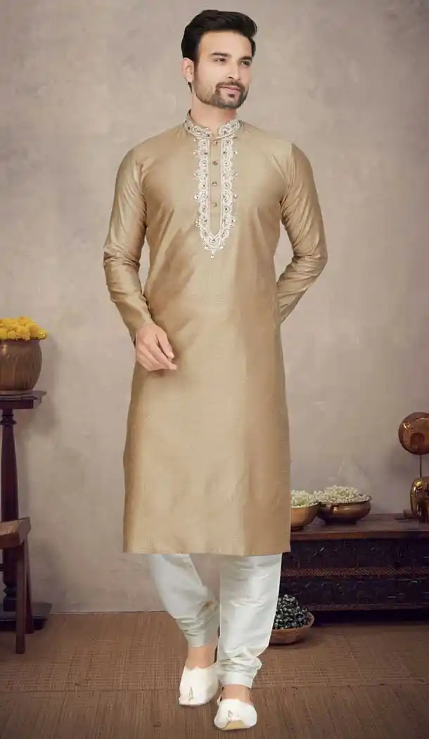Golden Color Resham Work Jacquard Designer Function Wear Plus Size Men's Kurta Pajama - 7675177606