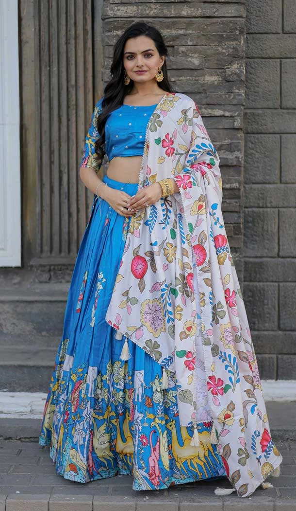 Blue Color Designer Party Wear Printed Dola Silk Plus Size Lehenga Choli -7680177629