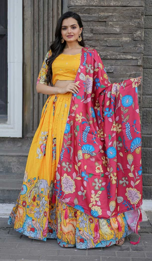 Yellow Color Designer Party Wear Printed Dola Silk Plus Size Lehenga Choli -7680177630