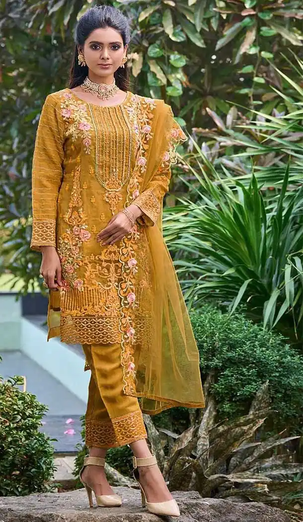 Evening Wear Georgette With Embroidered Work Plus Size Salwar Suit In Yellow - 7682177632