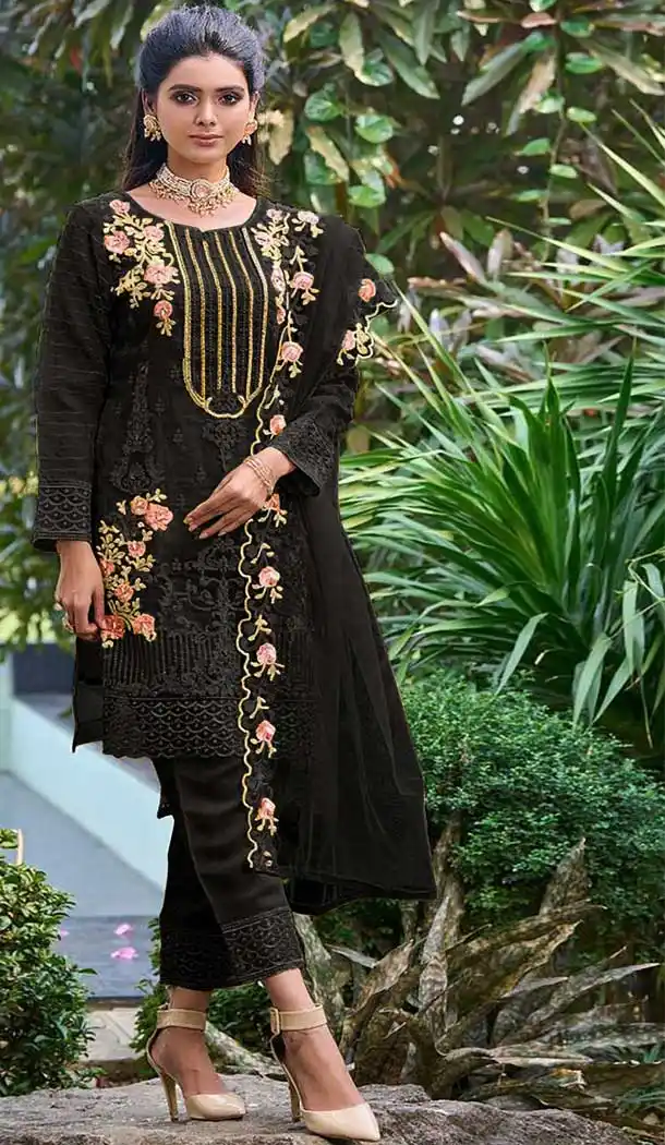 Evening Wear Georgette With Embroidered Work Plus Size Salwar Suit In Black - 7682177635