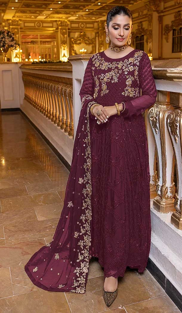 Georgette With Embroidery Work Festival Wear Pakistani Style Salwar Kameez In Cherry - 7697177724