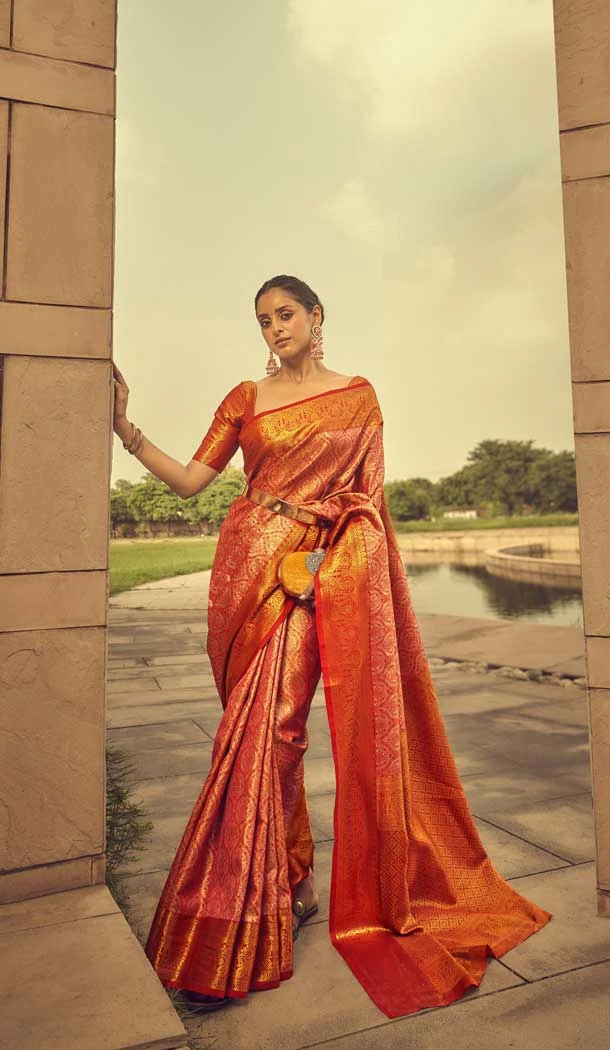 Traditional Festival Wear Banarasi Silk Saree With Jacquard Work In Orange - 7685177656