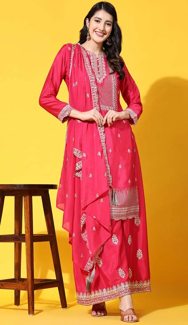 Pink Color Chinon Embroidered Festival Wear Designer Palazzo Salwar Suit - 76981777728