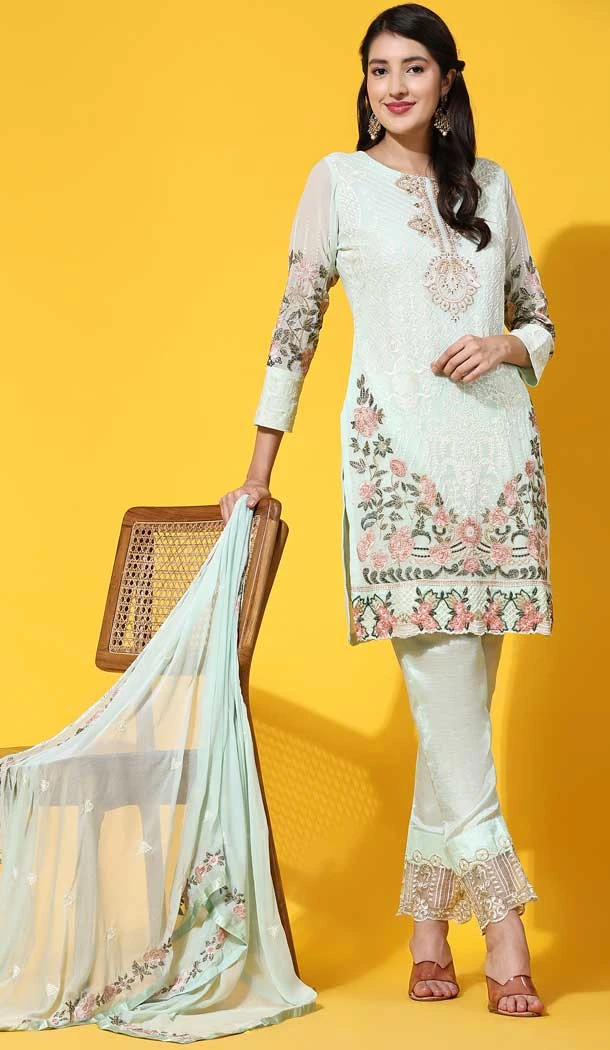 Pista Color Faux Georgette Embroidered Festival Wear Designer Salwar Suit - 76981777729