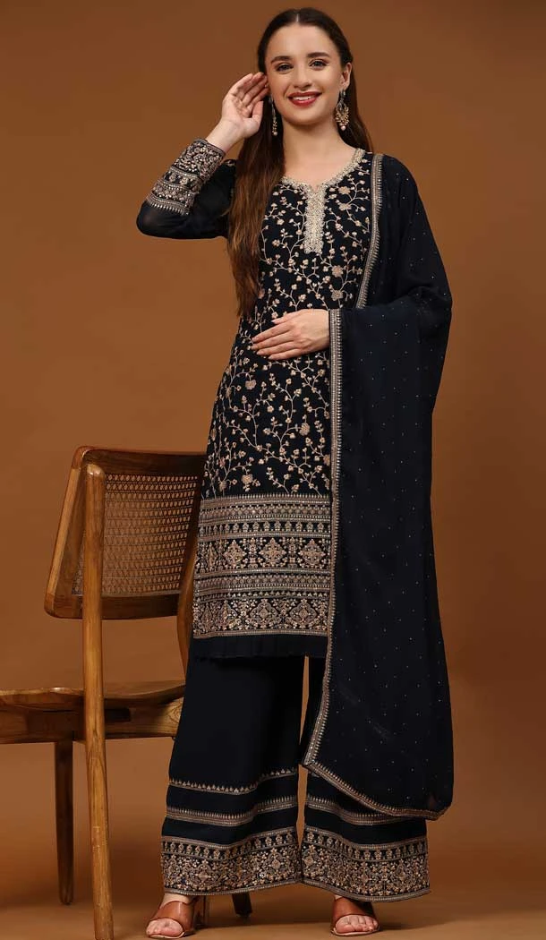 Blue Color Faux Georgette Embroidered Festival Wear Designer Palazzo Salwar Suit - 76981777732