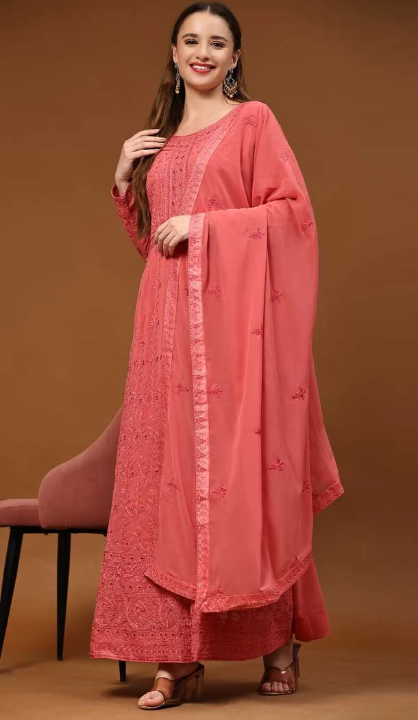 Pink Color Faux Georgette Embroidered Festival Wear Designer Palazzo Salwar Suit - 76981777733