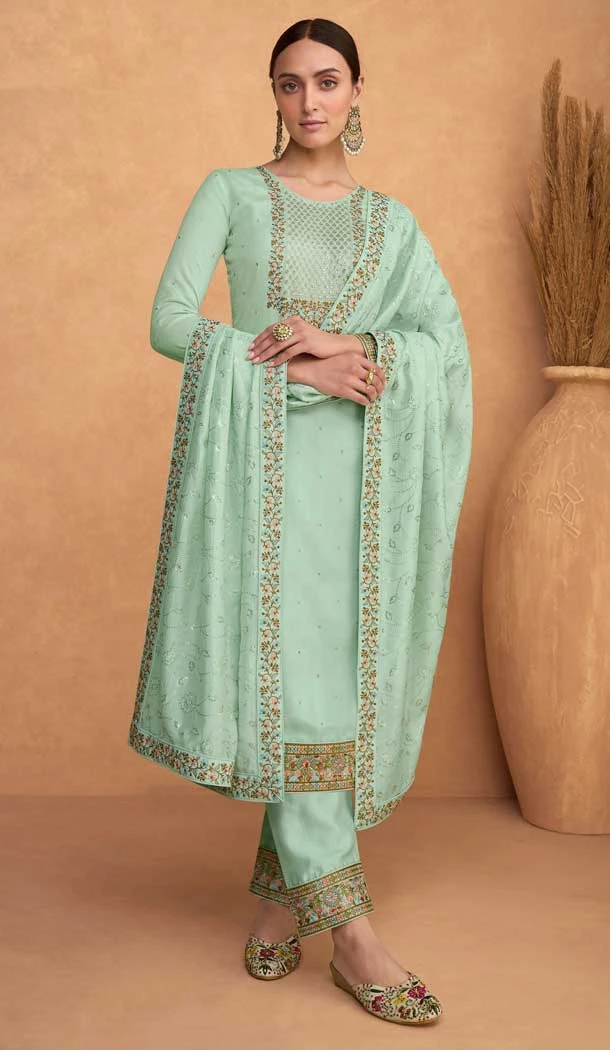 Elegant Sky Color Festival Wear Embroidered Premium Silk Plus Size Salwar Kameez - 7707177784