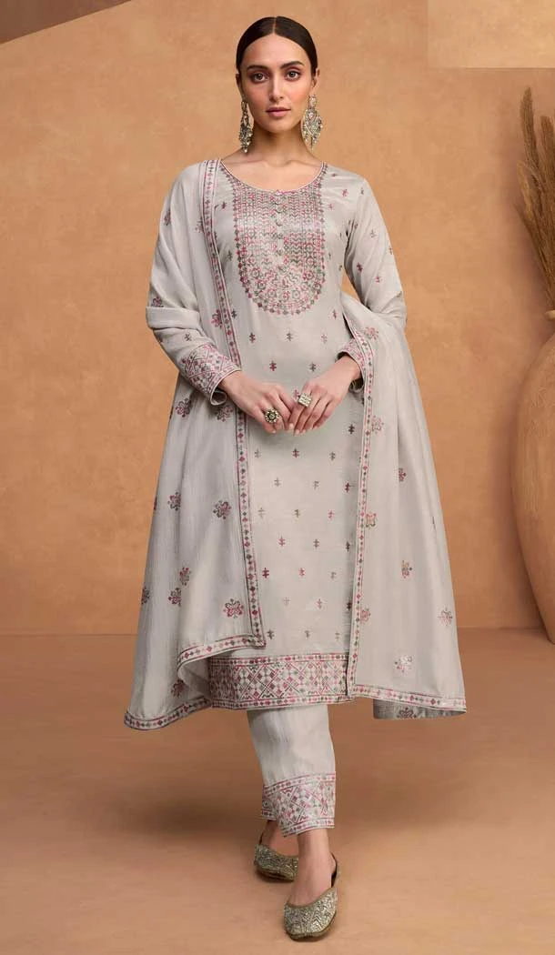 Ethnic Grey Color Festival Wear Embroidered Premium Silk Plus Size Salwar Kameez - 7707177785