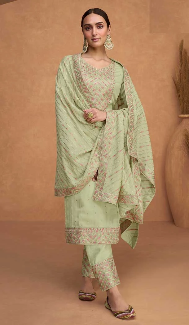 Gorgeous Pista Color Festival Wear Embroidered Premium Silk Plus Size Salwar Kameez - 7707177786